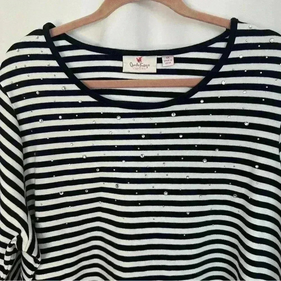 Quacker Factory Top Blouse Striped Beaded Womens Plus Size 2X Crisscross Sleeves - Picture 2 of 14